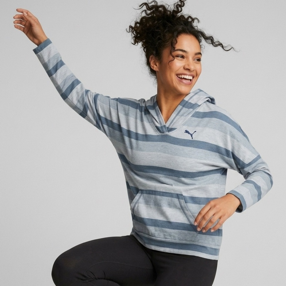 Puma Hooded Striped Pullover - Light Blue & White